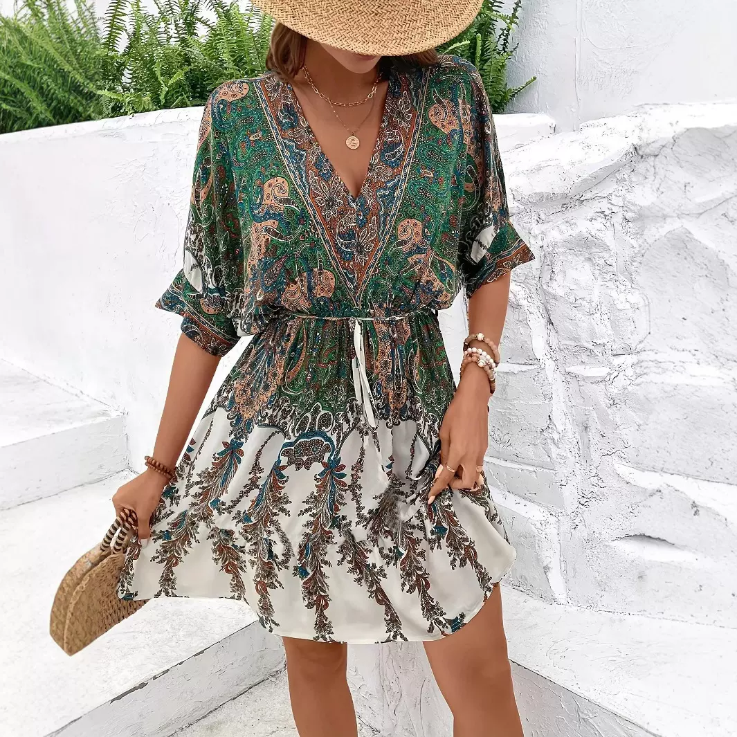 欧美跨境v领复古民族风长裙高腰大摆裙波西米亚沙滩碎花连衣裙