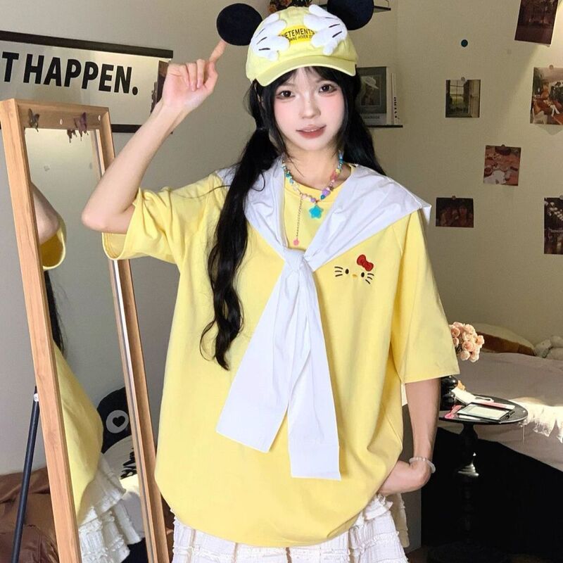 College Style Cute Kitty Cat Navy Collar Strap Short-Sleeved T-Shirt Women's Summer New Loose National Trend Girl Top