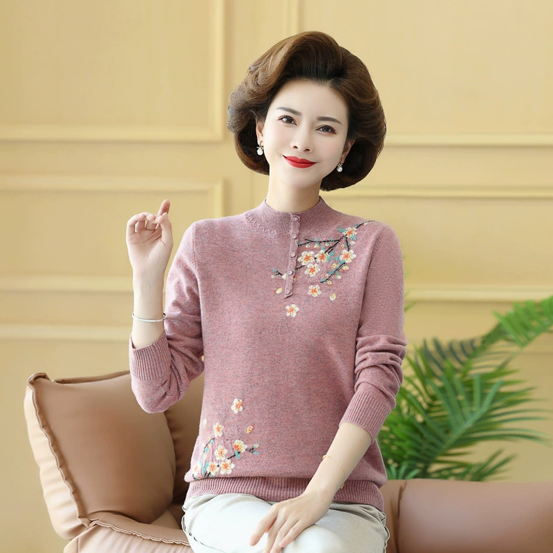 Осенний и зимний свитер из чистой шерсти среднего возраста для женщин среднего возраста с длинным рукавом пуговицы с вышитым свитером, половина водолазки, нижняя часть
