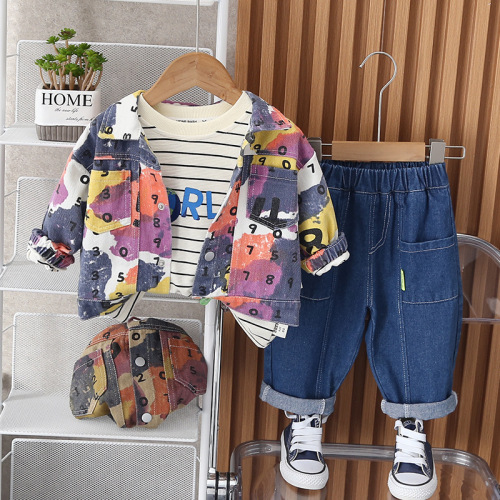  Children's Autumn Set Arabic Numerals Three-Piece Set for Boys, Round Neck Shirt and Pants - Factory Wholesale
