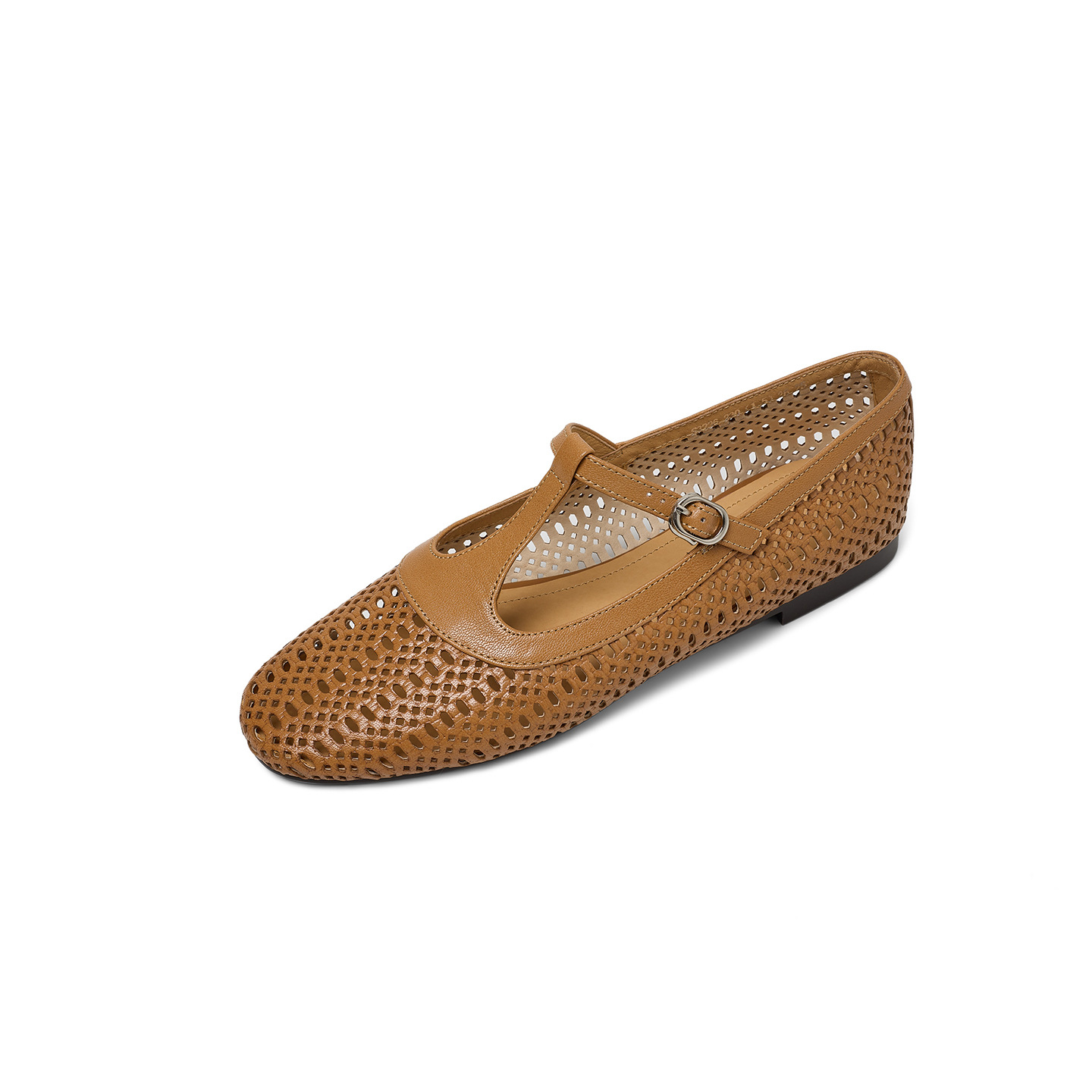 Sandal nữ da cừu đế bệt quai chữ T mũi kín hở lỗ thoáng khí — Màu caramel