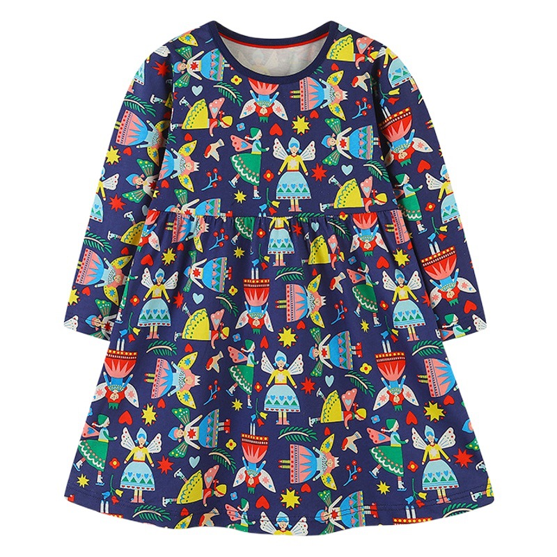 Estilo Europeo hermoso otoño niñas vestido lindo Hada impreso lindo vestido largo cuello redondo manga larga princesa vestido mezclado lote