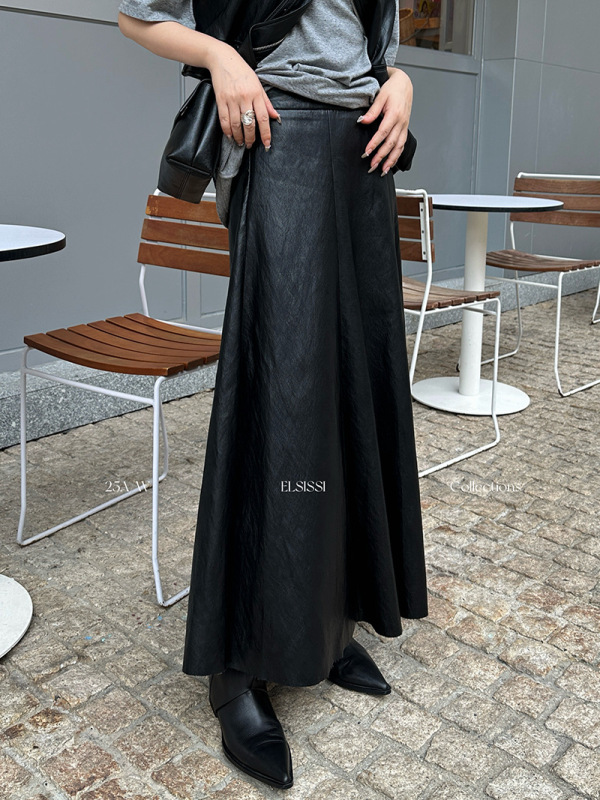 ELSISSI高腰长裙大摆皮裙半身裙女2025秋季新款女装a字裙遮胯伞裙|undefined