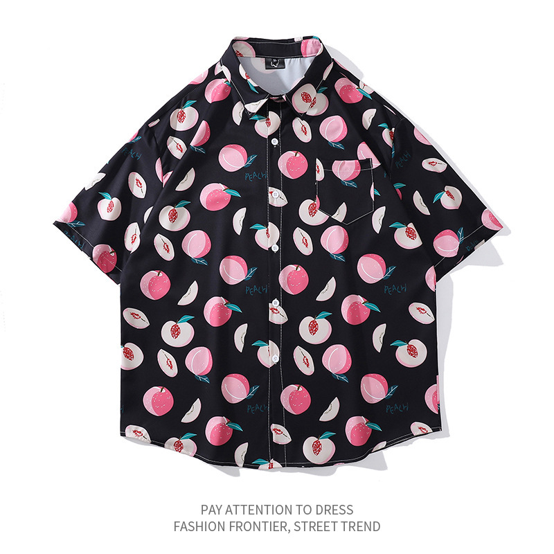 INS Japanese Style Street Hip-Hop Peach Full Print Short-Sleeved Lapel Shirt Men's and Women's Loose All-Match Couple's Half-Sleeved Trendy INS Japanese Style Street Hip-Hop Peach Full Print Short-Sleeved Lapel Shirt Men's and Women's Loose All-Match Couple's Half-Sleeved Trendy