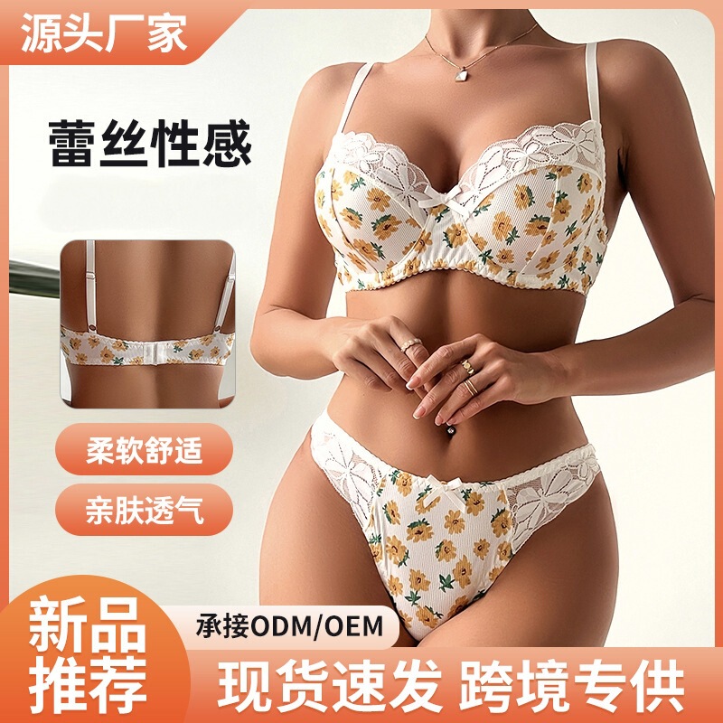 Cross-Border 2025 New Bra Set Lace Sexy Pure Desire Intimates with Steel Ring Adjustable Small Breast Push-Up