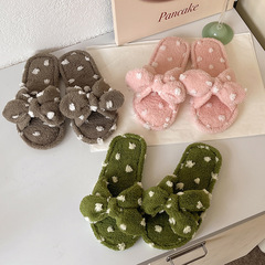 韓版少女心甜美可愛蝴蝶結棉拖鞋女秋冬時尚學生居家毛絨波點毛拖