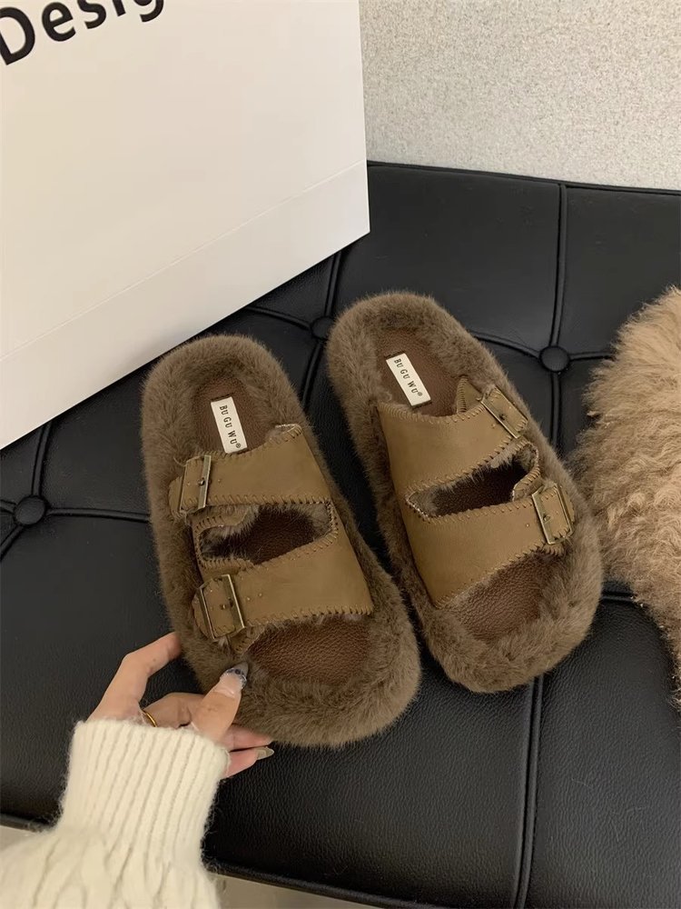 Internet celebrity soft-soled fur slippers for women's outer wear 2023 autumn and winter new sheep curly slip-on cotton slippers_voghion.com