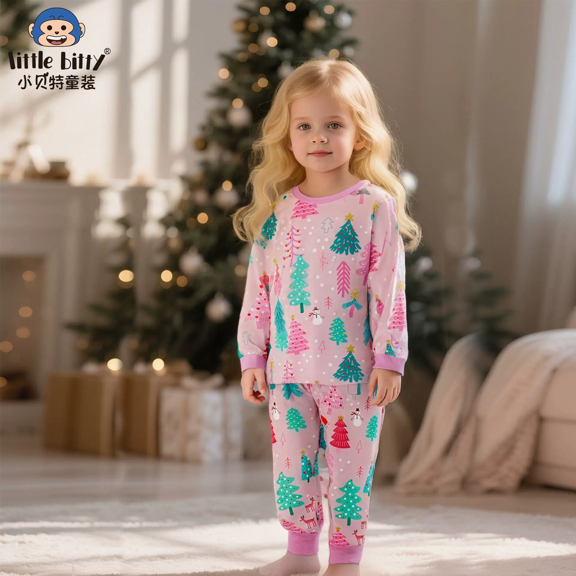 跨境秋冬童装圣诞节长袖长裤套装卡通圣诞树印花牛奶丝家居服睡衣