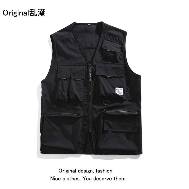 Summer lightweight workwear vest for men, trendy brand, tactical, multi-pocket, solid color, tank top, jacket.