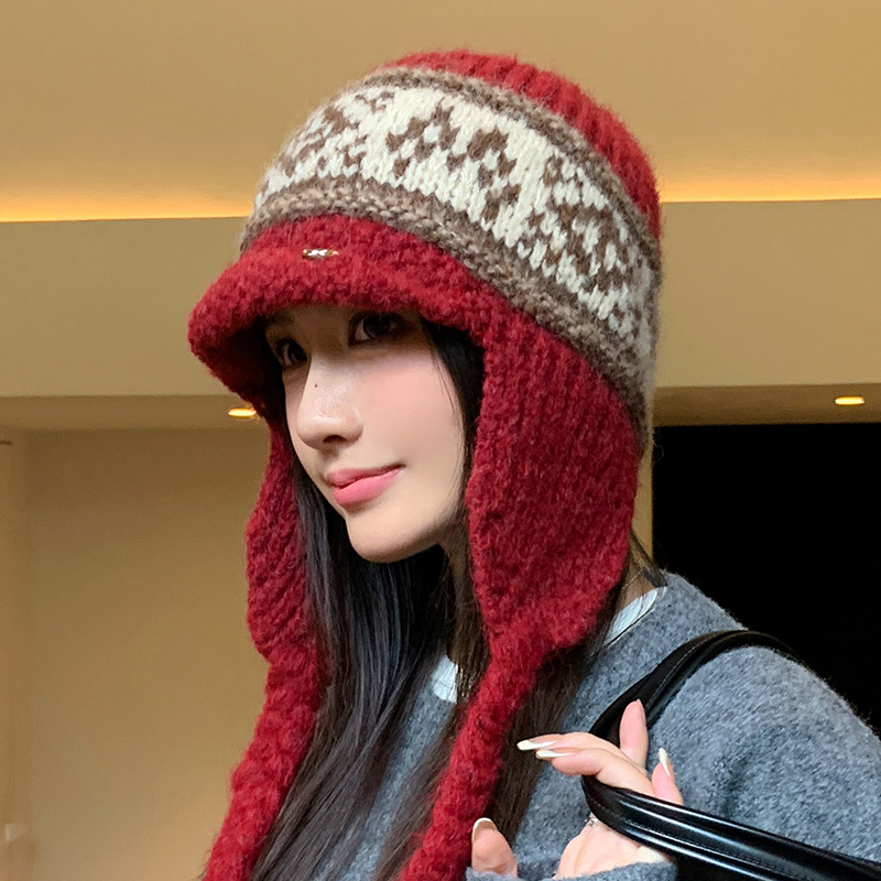 Fair Isle Style Retro Knitted Wool Autumn Winter Fleece Lined Thickened Warm Ear Protection Versatile Large Head_voghion.com