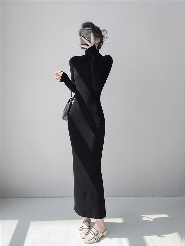 Tall and Extra-Long Floor-Length Sweater Dress for Autumn and Winter, High-Neck Slim-Fit Bodycon Knit Dress