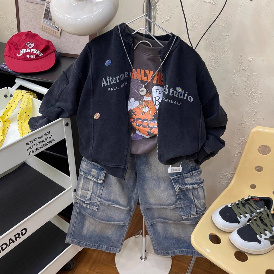 小立领拼接拉链开衫外套纯棉毛圈2025秋季新款儿童炒洗做旧上衣潮