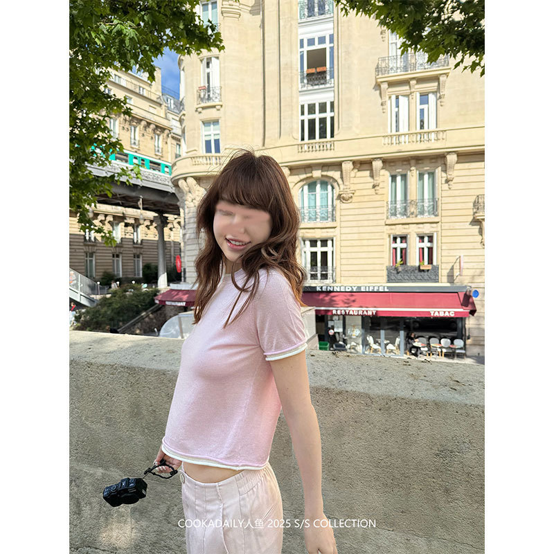 Cookadaily マーメイド リヨセル ウール フェイク ツーピース コントラスト カラー デザイン 半袖 ラウンドネック Tシャツ トップ レディース|undefined