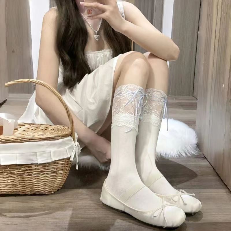 バレエ風少女春夏リボン蝶結び中筒靴下レースミルク白甜妹スタッキングソックス|undefined