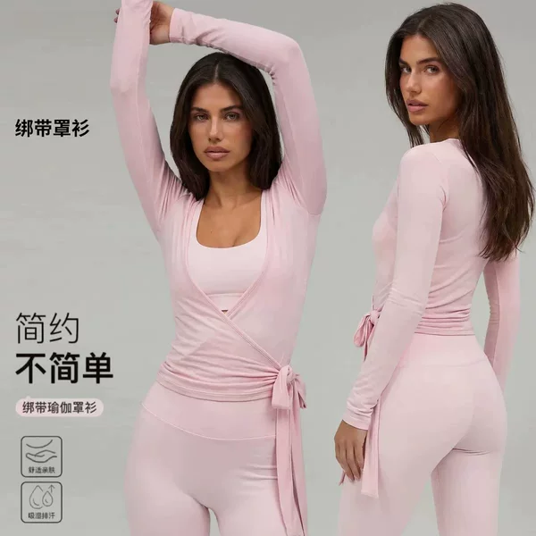 Amazon Solid Color Ballet-Style Top Breathable Slim Fit Sports Cross V-Neck Tie-Up Cover-Up Fitness Wear Yoga Wear