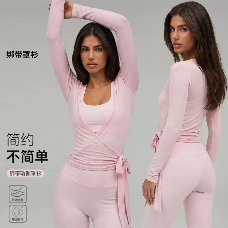 Amazon Solid Color Ballet-Style Top Breathable Slim Fit Sports Cross V-Neck Tie-Up Cover-Up Fitness Wear Yoga Wear