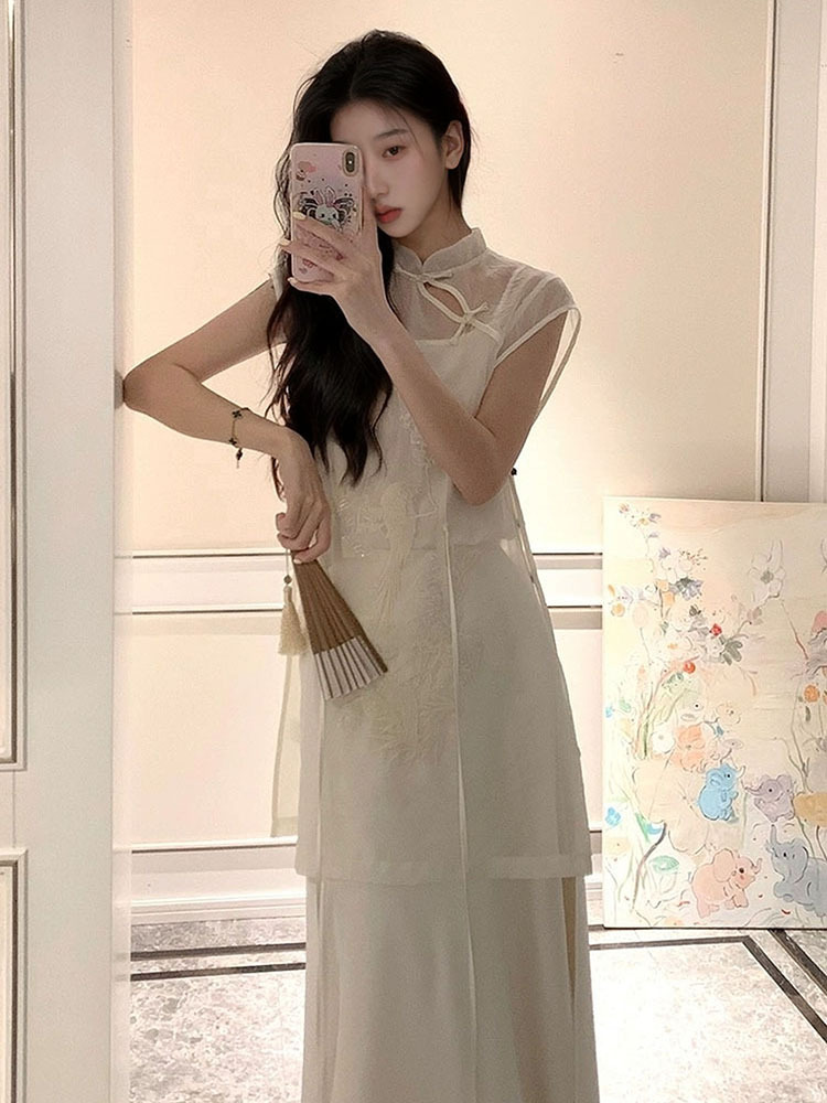 Áo sơ mi lụa tơ tằm thêu đính cườm phong cách tân cổ điển Trung Quốc M4023 — Màu trắng