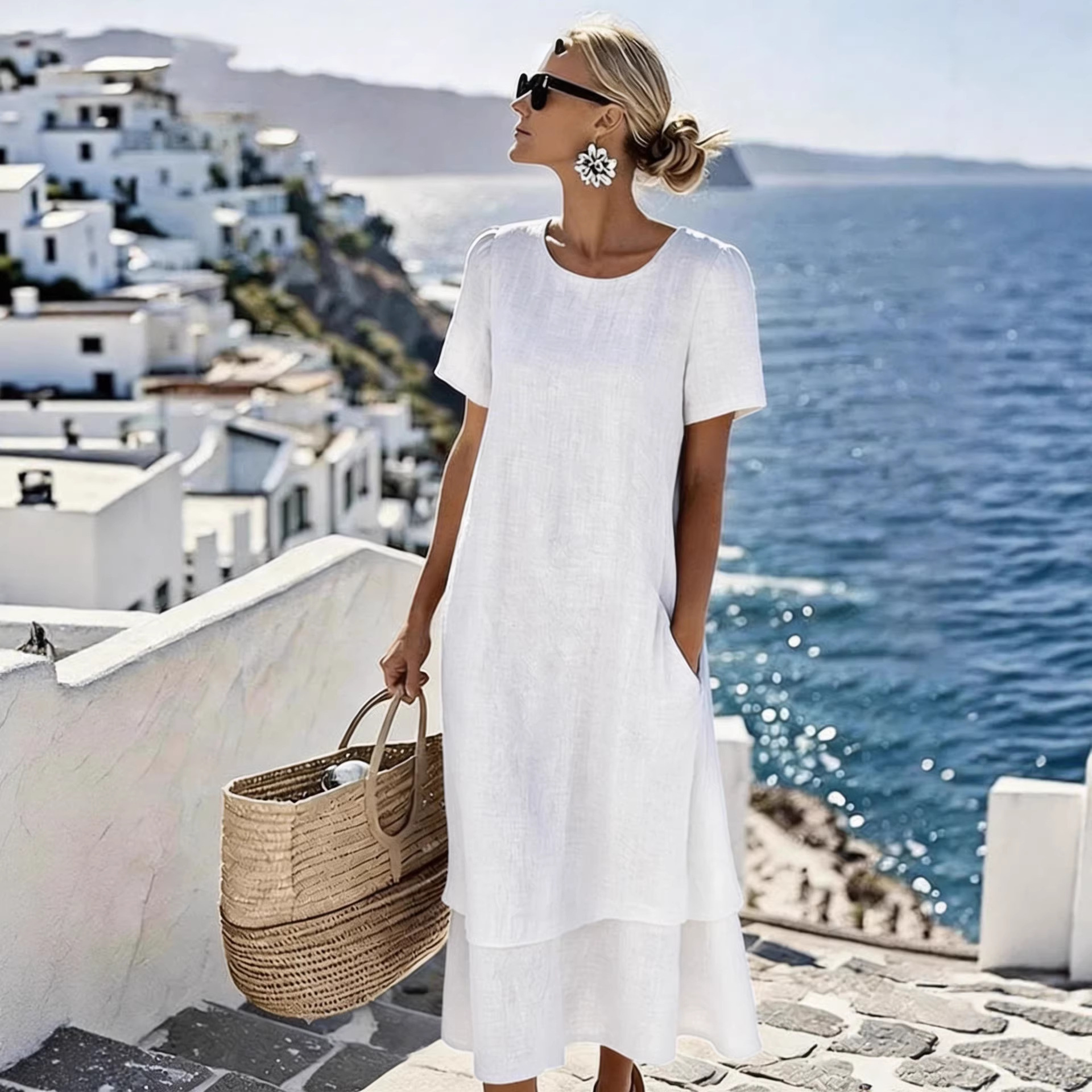 Women's Two-Layer Round Neck Short Sleeve Casual Dress For Spring Summer Vacation Daily Wear Versatile Round Neck & Short Sleeves_ecoleips.com