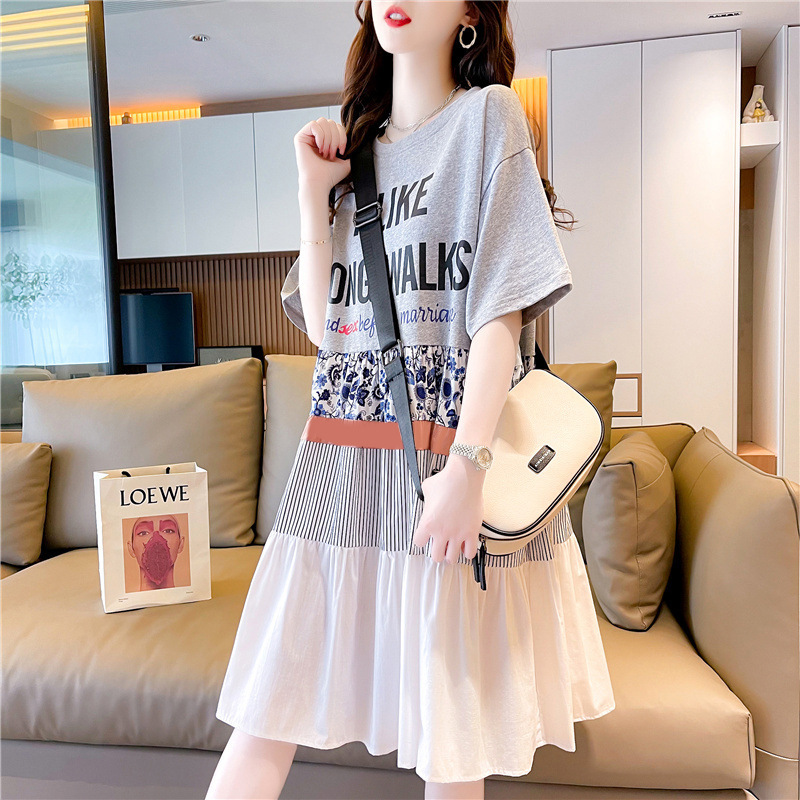 plus size Loose Casual All-match Summer New Midi Round Neck Short-sleeved T-shirt Dress