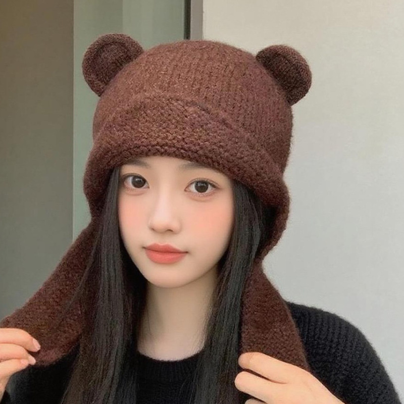 可爱小熊毛线帽子女秋冬季保暖护耳针织帽百搭休闲显脸小套头帽|undefined