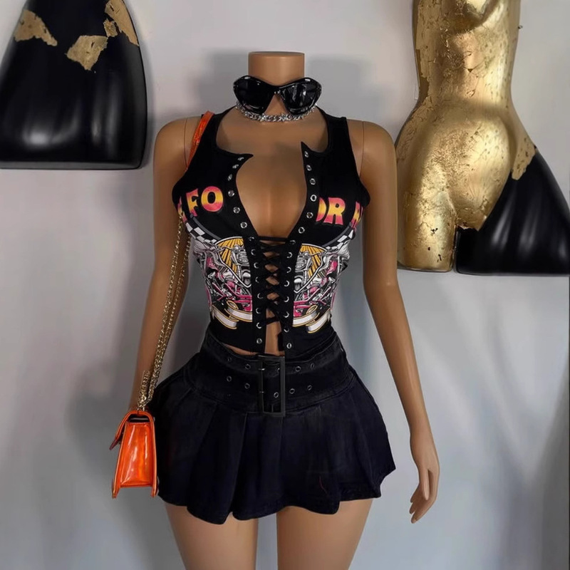 Fc1386 European and American New Sexy Sexy Slim Fashion Printed Rope T-Shirt Vest