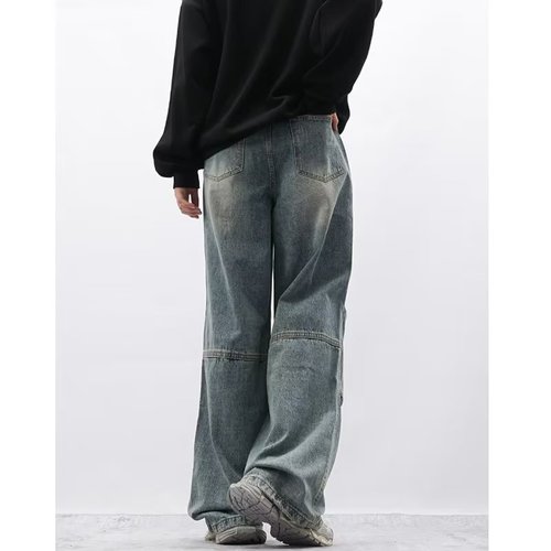 American Wide Leg Denim Men's High Street Design Hip-Hop Retro Washed Straight Leg Pants