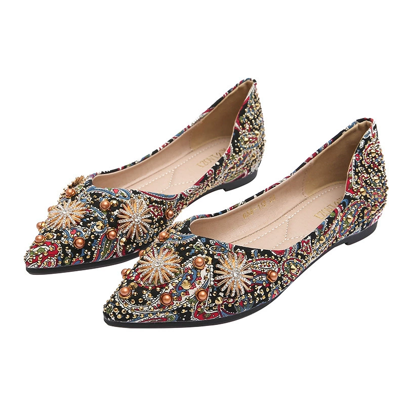 Плоские туфли для женщин, заостренный носок, кабошоны-римские камни на rhinestones, весна–осень 2025, размеры 34–43