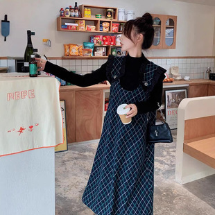 Retro Style Plaid Knitted Sweater Fake Two-piece Pregnant Women's Dress Autumn and Winter 2024 New Casual Maternity Dress