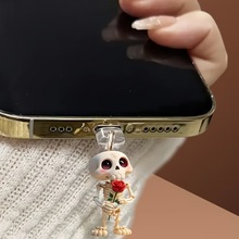 2D精致的玫瑰花骷髅头设计 - 压克力手机防尘塞 - 适用于 Ty