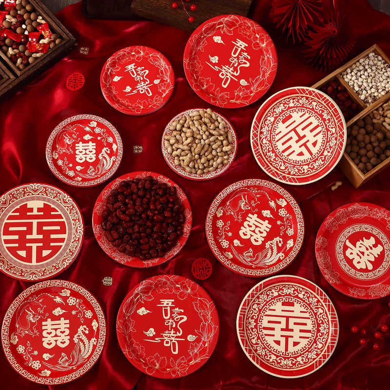 Festive Disposable Wedding Paper Plates, Wedding Banquets, Dried Fruits, Wedding Candies, Melons, Engagement and Wedding Red Dinner Plates