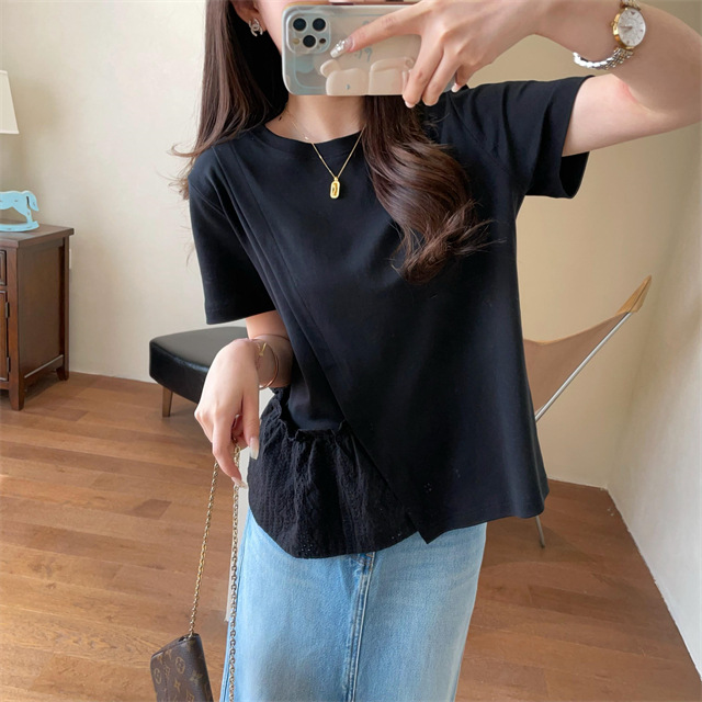Design sense: Unconventional irregular hollowed-out embroidery patchwork hem, loose short-sleeved T-shirt for women, Spring/Summer 2025 G032206 pic 13
