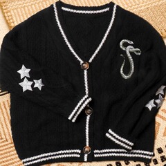 欧米風秋冬新作越境女装vネック星刺繍長袖単列ボタンゆったりカジュアルセーターコート