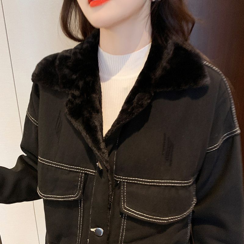 630g Weight Long Sleeve Sleeve Length Single Breasted Placket Type Regular Sleeve Sleeve Type Polyester Fabric Type Ordinary Model (50cm <Length ≤ 65cm) Top Length Coat Tops Type Shirt Collar Neckline Loose Fit Type Solid Color Pattern Women's Gender Temperament Commuter, Urban Style Style Lamb Fur Lined Thickened Denim Jacket Women's Autumn Winter Loose Versatile Short Style Fleece Inner Cotton Coat For Students 15