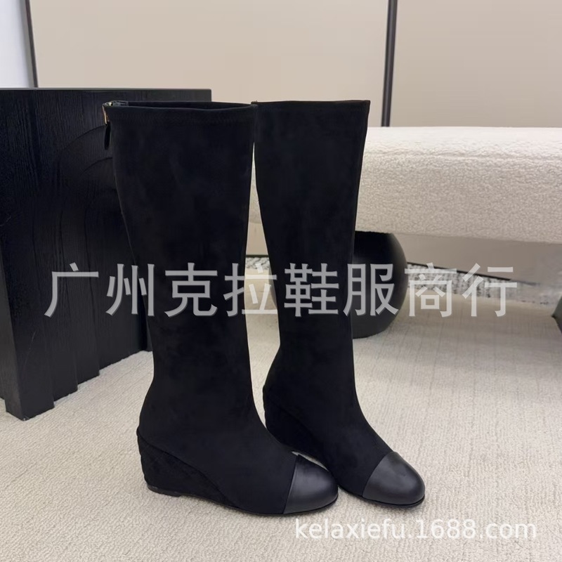 高定2025秋冬小香真皮圆头坡跟后拉链高筒弹力瘦瘦靴高跟不过膝靴|undefined