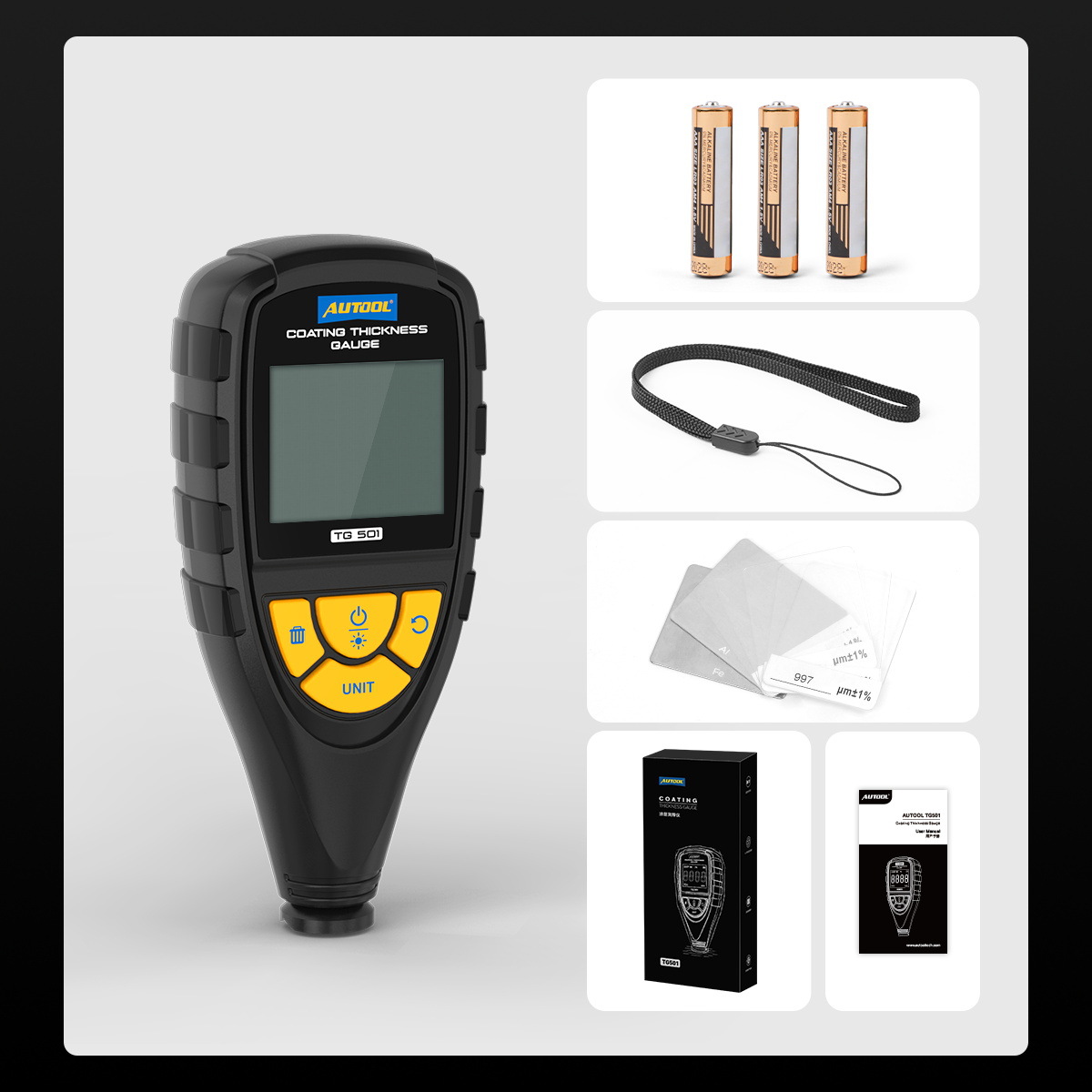 AUTOOL TG501 Medidor de espesor de revestimiento de automóvil Detección de pintura Instrumento de prueba de pintura de automóvil usado Instrumento de película de pintura de alta precisión