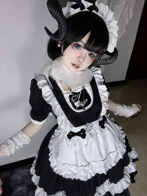 新款日系凯蒂猫黑白女仆装泡泡袖lolita可爱kitty女佣套装连衣裙|undefined
