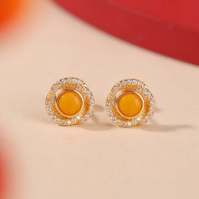 悦宝珠宝蜜蜡S925纯银镀金莫比乌斯圆珠超闪气质高级感银耳钉耳饰