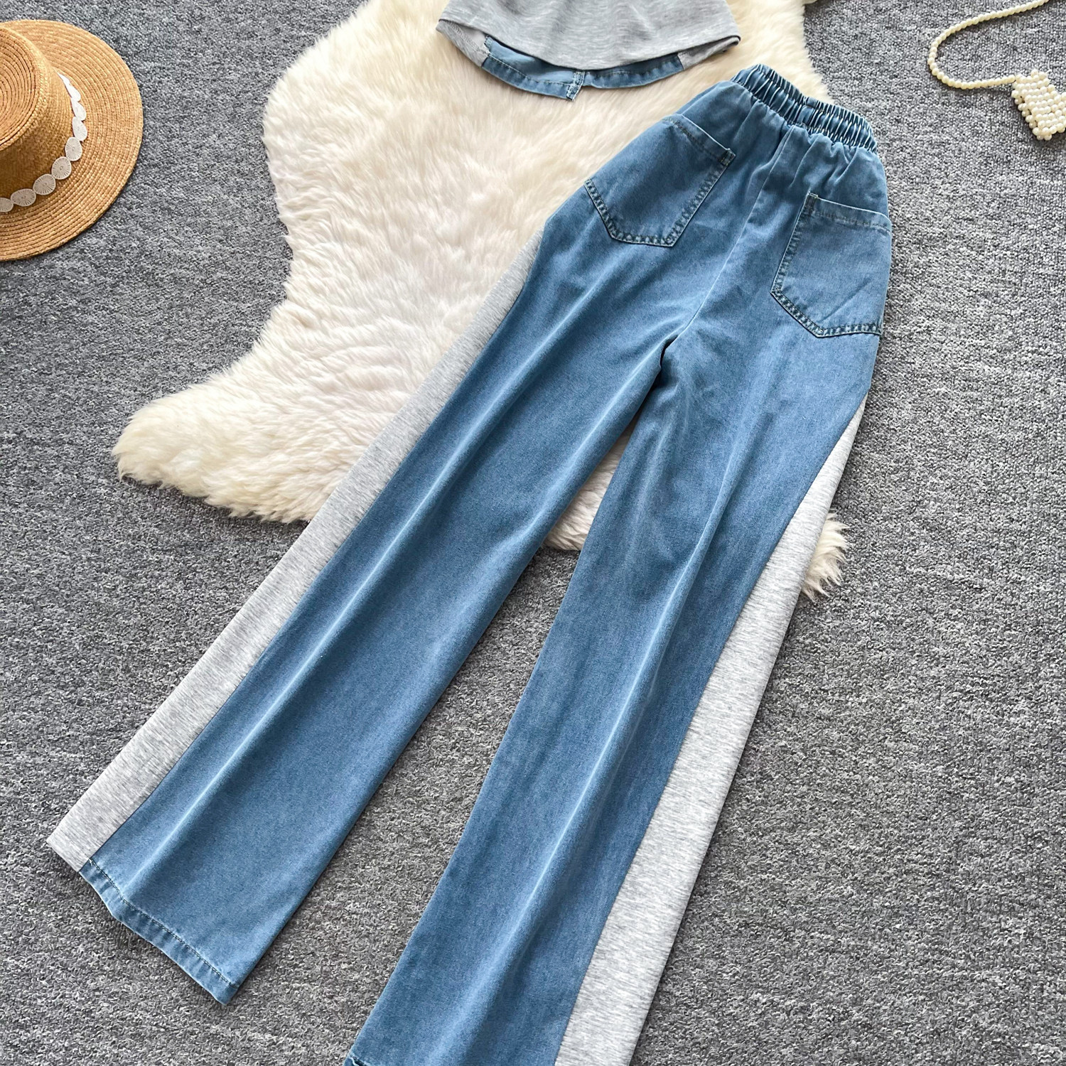 Retro Patchwork Denim Set for Women Short Sleeved Hong Kong Style Summer Casual Straight Leg Pants Two Piece Slimming Outfit_ecoleips.com