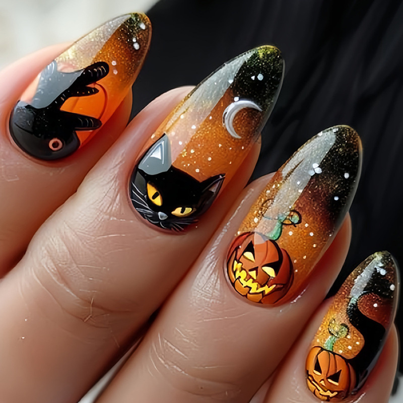 Halloween Mid-Length Almond Nails Evil Pumpkin Cat Moon Wear Nails Press-On Fake Nails Nalis Halloween Mid-Length Almond Nails Evil Pumpkin Cat Moon Wear Nails Press-On Fake Nails Nalis