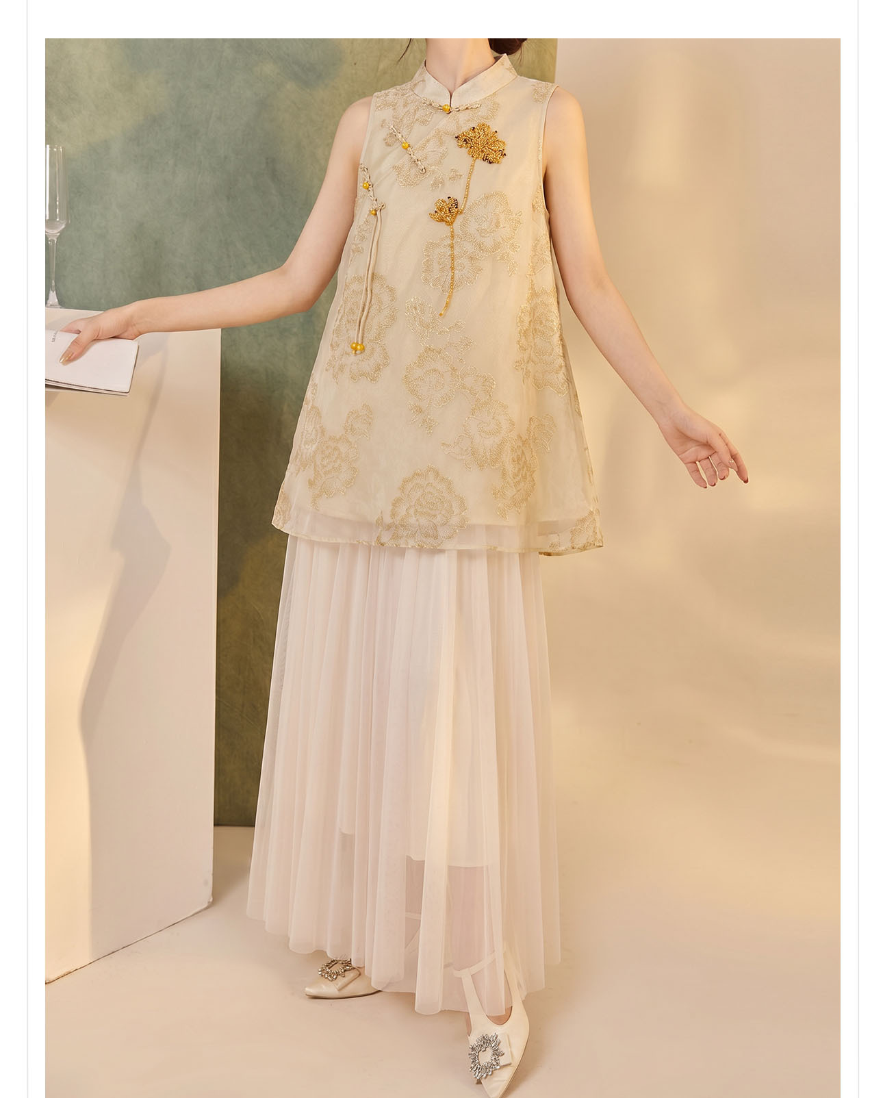 Đầm vest nữ retro chất jacquard cài snap — nghệ chi tiết 9