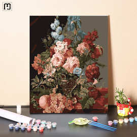 赫朋数字油画diy手工填充欧式复古花卉手绘涂色客厅装饰丙烯油彩
