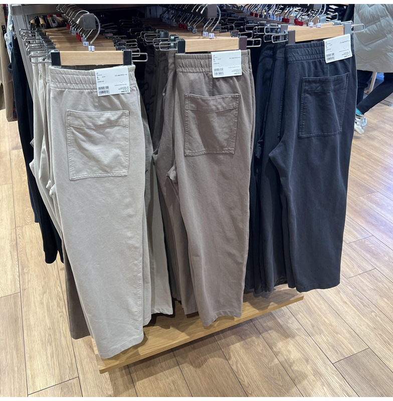 U men's and women's all-match casual cotton elastic waist washed casual pants loose cropped pants straight Japanese style 446759 men's