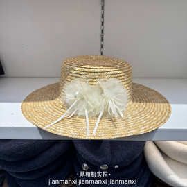 法式小众款网纱花朵草编麦秆帽子女夏季平顶遮阳新娘婚纱礼帽草帽