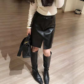 黑色前开叉皮裙半身裙女2025冬季新款气质时尚高级感显瘦加厚中裙