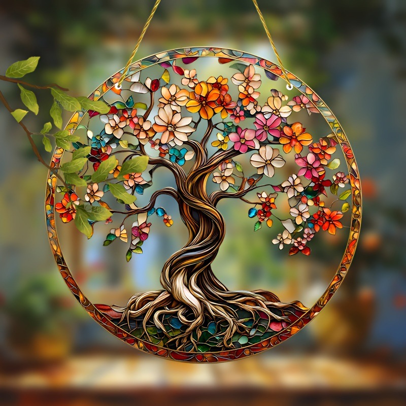 1 pieza de árbol de la vida 2D Acrílico plano jardín sol trampa, ventana de teñido colgante, hogar espiritual