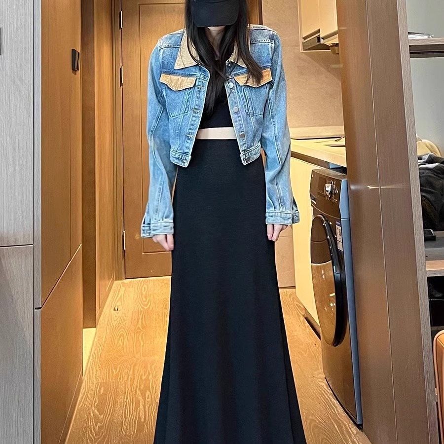 Relaxed High-Waisted Wool-Blend Mermaid Maxi Skirt – Flowy A-Line Long Skirt With Stretchy Waist, Dark Grey/Black, One Size Fits Most_ecoleips.com