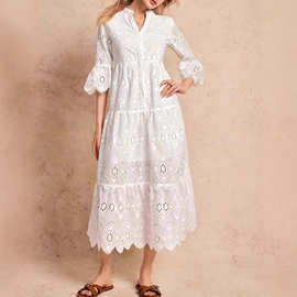 2025秋季新款优雅风气质女装纯色镂空套头款短袖V字领连衣裙