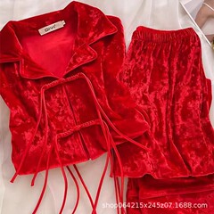 新型ベルベット中国式国風甘いパジャマ女性春秋冬金ベルベット家庭服セット赤金ドリルパジャマ