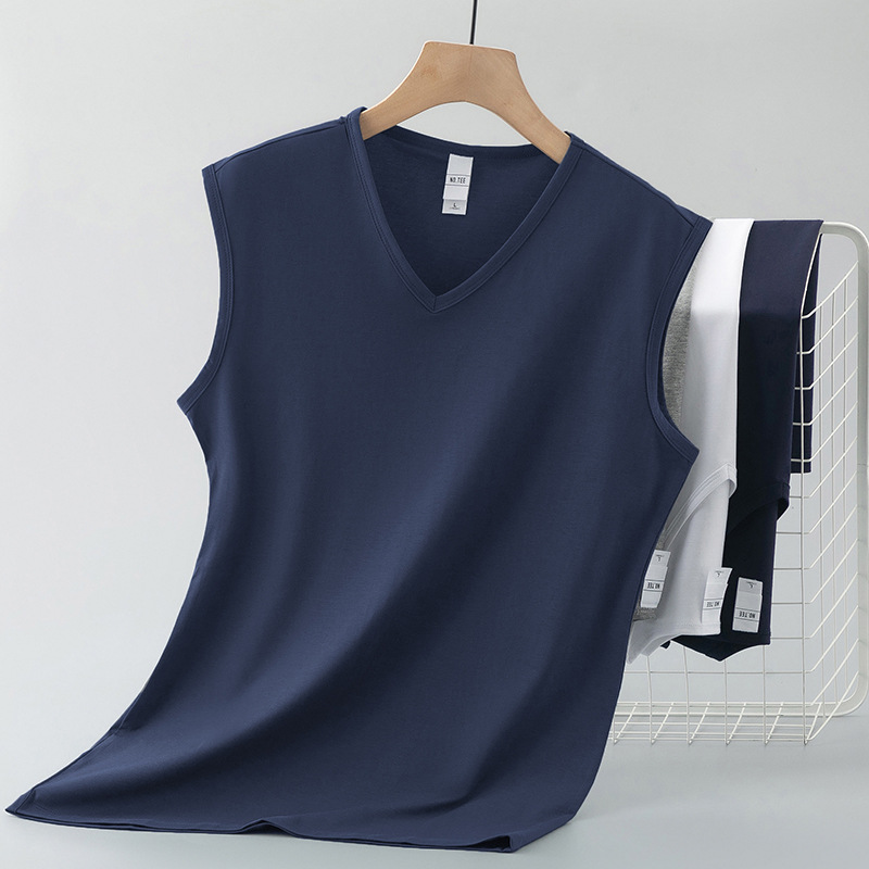 モーダルコットンベストメンズ夏フィットネススポーツベストアイスシルククール速乾抗菌防ダニVネックノースリーブTシャツ