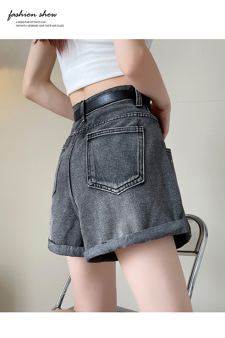 Quần short jean nữ lưng cao, ống rộng, viền chữ A, kiểu mới mùa hè — Xám đen với thắt lưng chi tiết 25